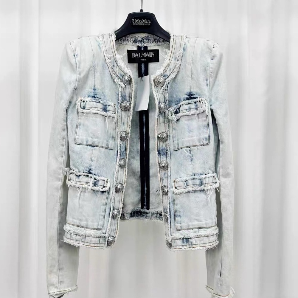 ❌sold❌Authentic Balmain Women's Distressed Light Blue Blazer